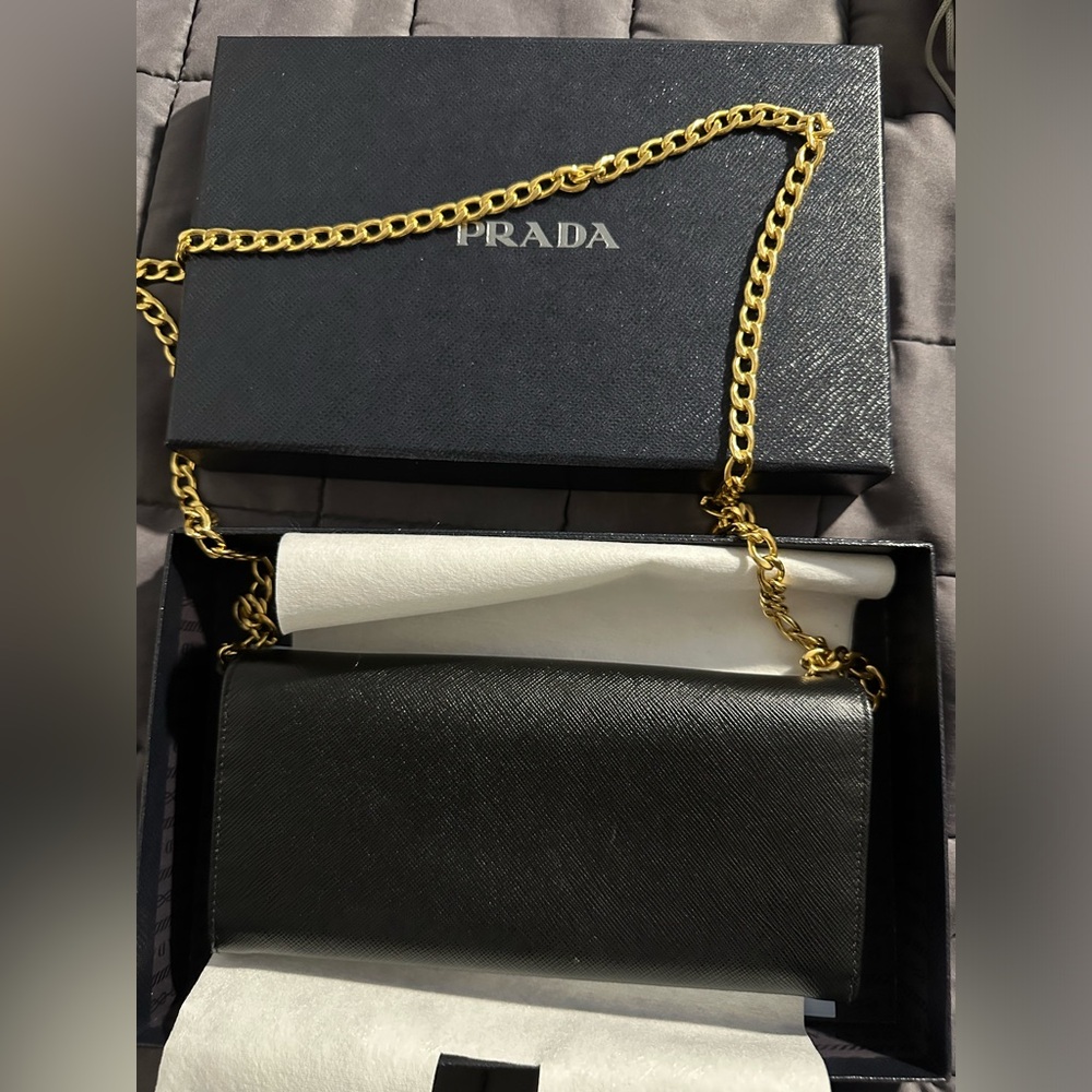 Prada side wallet bag with gold chain